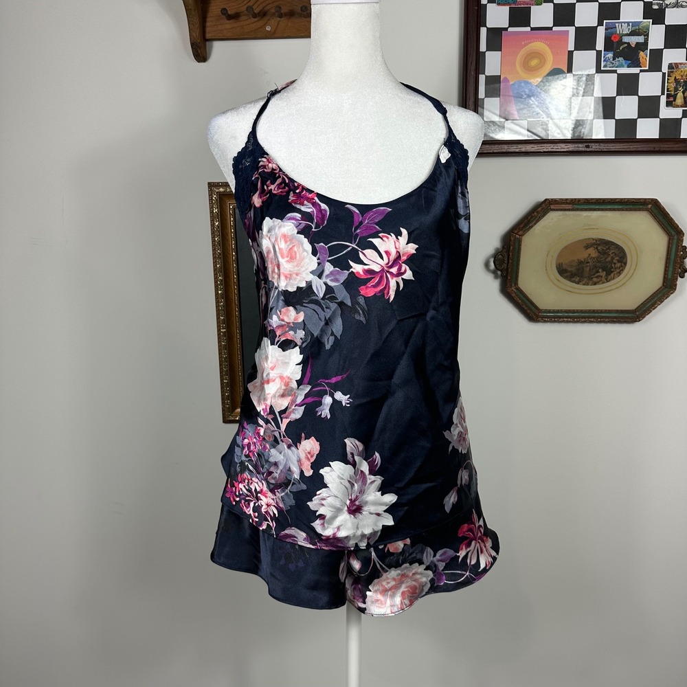 Lilac & London Navy Dark Floral Camisole & Short Satin Pajama Set w/ Lace Detail